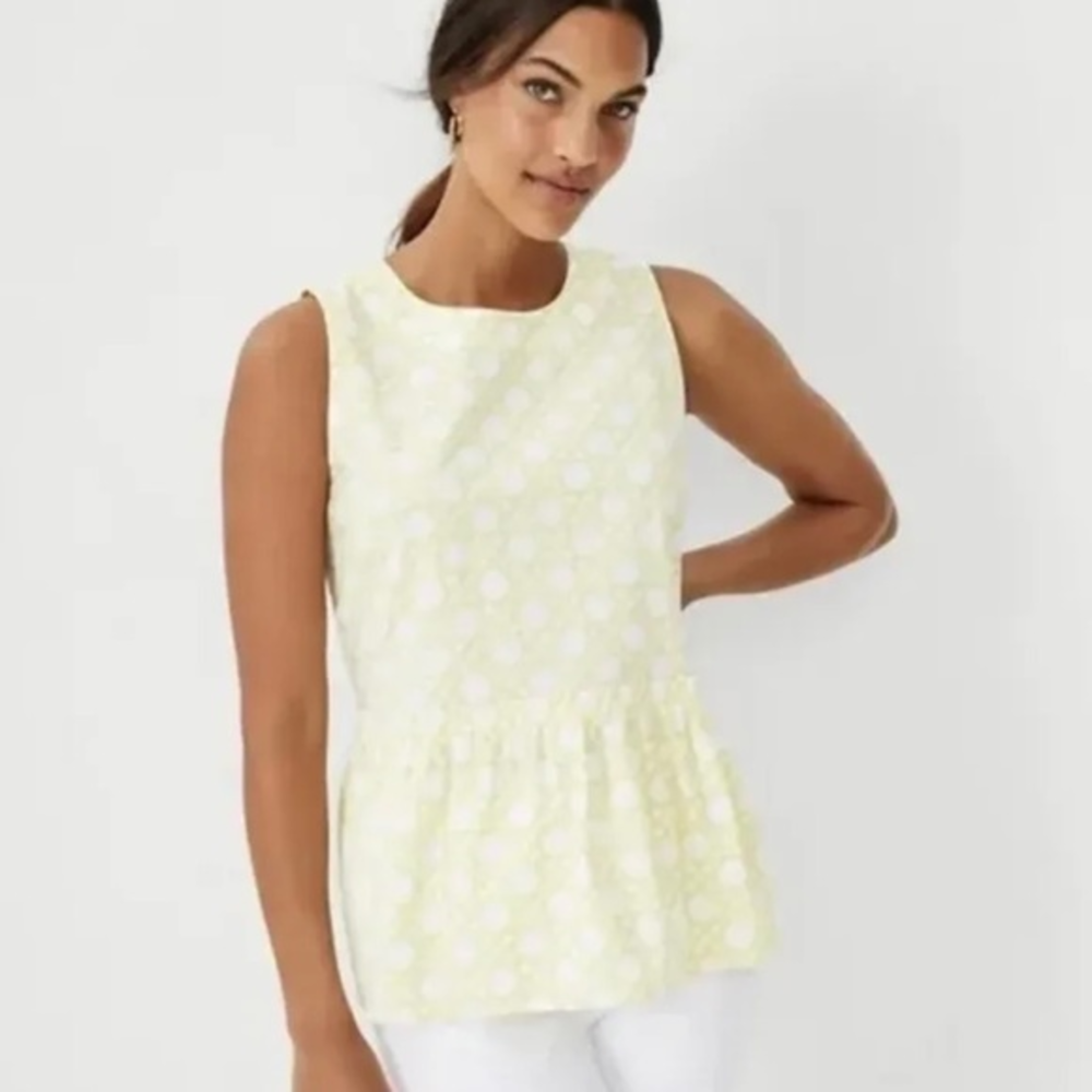 Ann Taylor Rattan Print Tie Back Peplum Shell size Medium NWT Lemon Yellow‎